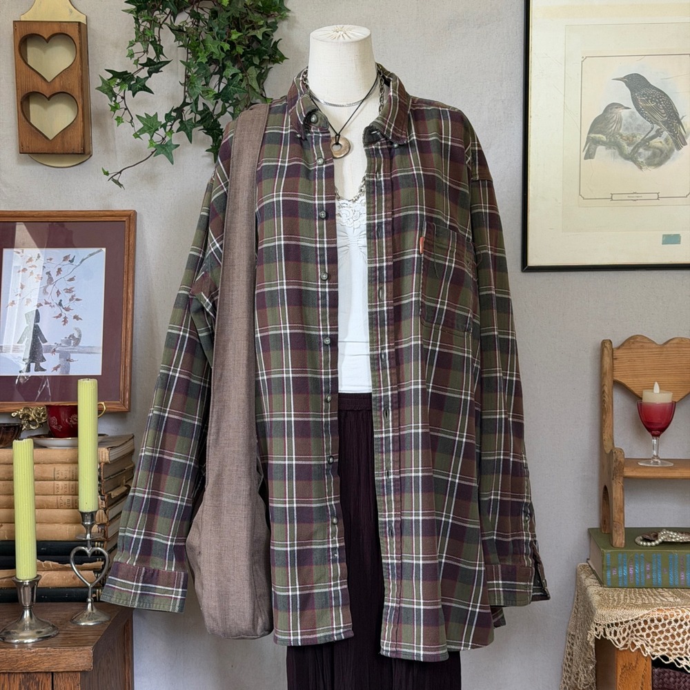 Green Plaid Flannel Shirt Oversized Grunge Vintage 2XLT Chunky Cabincore Grandpa